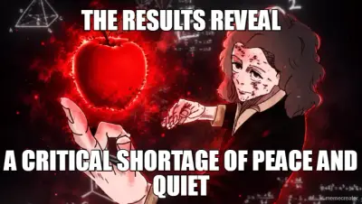 THE RESULTS REVEAL - A CRITICAL SHORTAGE OF PEACE AND QUIET meme