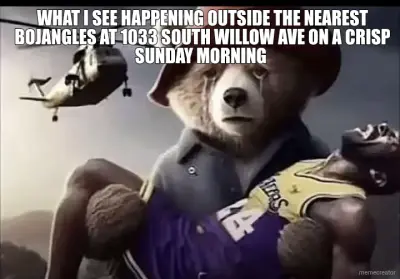 WHAT I SEE HAPPENING OUTSIDE THE NEAREST BOJANGLES AT 1033 SOUTH WILLOW AVE ON A CRISP SUNDAY MORNIN