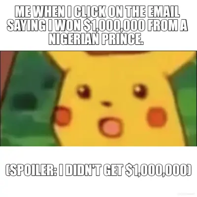 ME WHEN I CLICK ON THE EMAIL SAYING I WON $1,000,000 FROM A NIGERIAN PRINCE.  - (SPOILER: I DIDN'T G