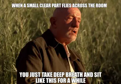 ​WHEN A SMALL CLEAR PART FLIES ACROSS THE ROOM — YOU JUST TAKE DEEP BREATH AND SIT LIKE THIS FOR A W meme