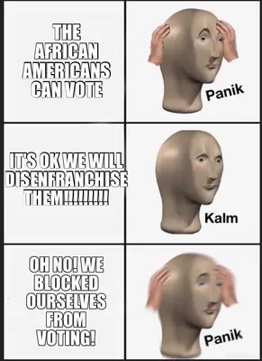 THE AFRICAN AMERICANS CAN VOTE - IT'S OK WE WILL DISENFRANCHISE THEM!!!!!!!!! - OH NO! WE BLOCKED OU meme