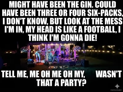 COULD HAVE BEEN THE WHISKEY, MIGHT HAVE BEEN THE GIN. COULD HAVE BEEN THREE OR FOUR SIX-PACKS, I DON meme