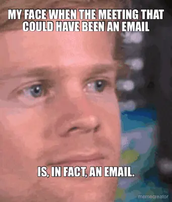 MY FACE WHEN THE MEETING THAT COULD HAVE BEEN AN EMAIL | IS, IN FACT, AN EMAIL. meme