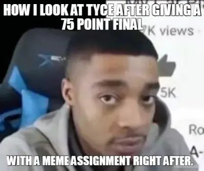 HOW I LOOK AT TYCE AFTER GIVING A 75 POINT FINAL -  WITH A MEME ASSIGNMENT RIGHT AFTER. meme