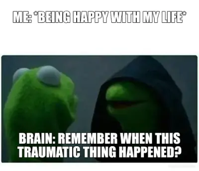 ME: *BEING HAPPY WITH MY LIFE* - BRAIN: REMEMBER WHEN THIS TRAUMATIC THING HAPPENED? meme