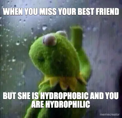 WHEN YOU MISS YOUR BEST FRIEND - BUT SHE IS HYDROPHOBIC AND YOU ARE HYDROPHILIC meme