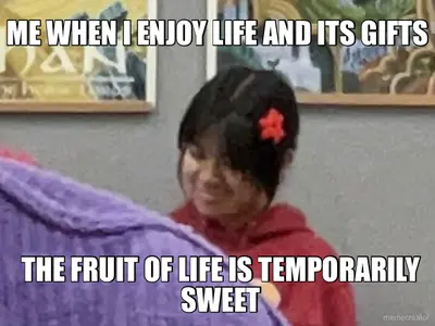 ME WHEN I ENJOY LIFE AND ITS GIFTS - THE FRUIT OF LIFE IS TEMPORARILY SWEET meme