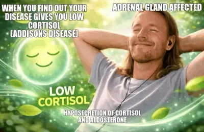 WHEN YOU FIND OUT YOUR DISEASE GIVES YOU LOW CORTISOL
(ADDISONS DISEASE) — ADRENAL GLAND AFFECTED — meme