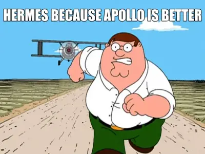 HERMES BECAUSE APOLLO IS BETTER meme