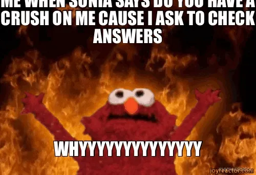 ME WHEN SONIA SAYS DO YOU HAVE A CRUSH ON ME CAUSE I ASK TO CHECK ANSWERS - WHYYYYYYYYYYYYYY