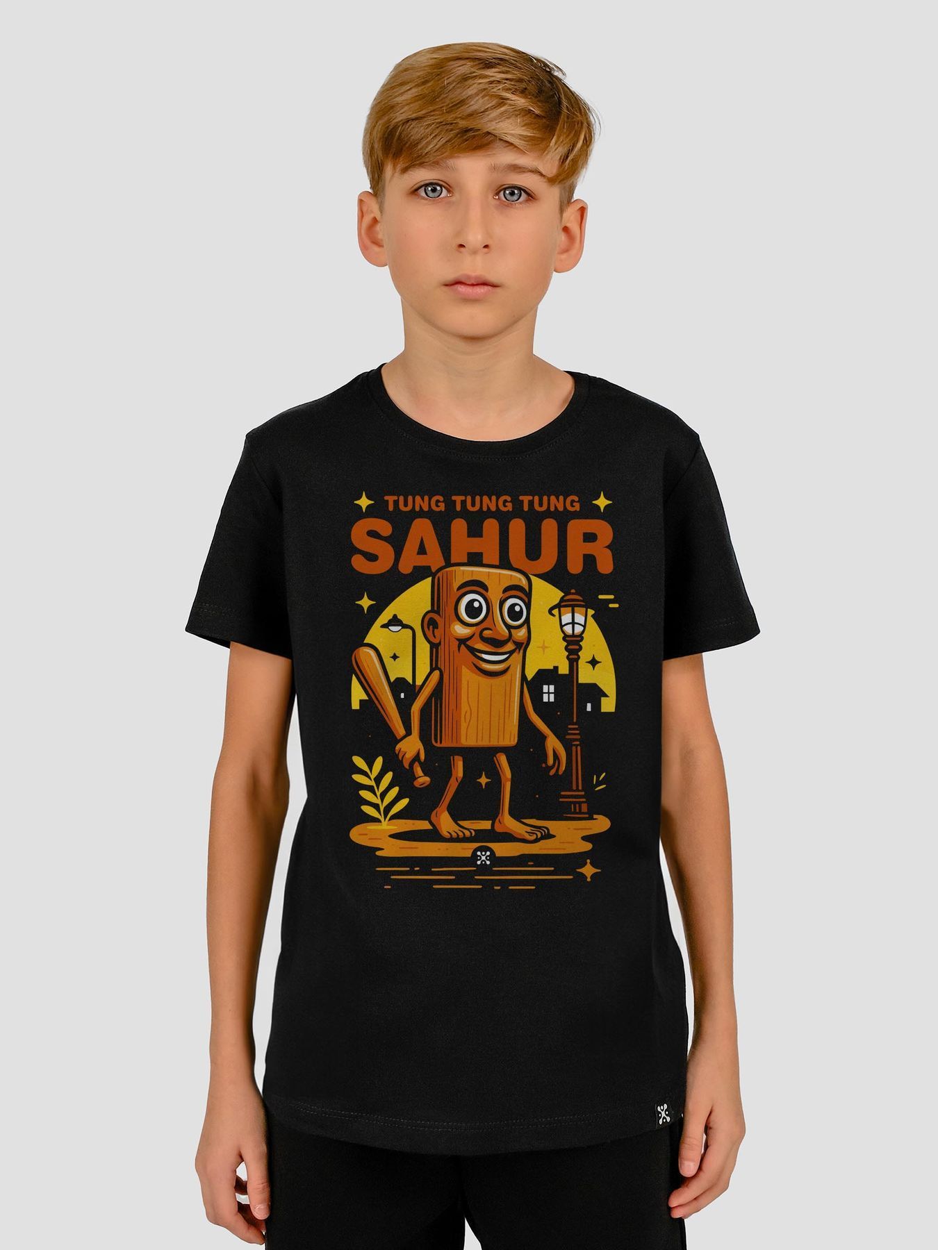 Kid in tung tung shirt meme template